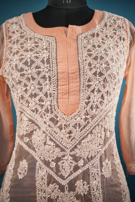 PEACH HANDMADE LUCKNOWI  CHIKANAKRI GEORGETTE KURTI FOR  WOMEN